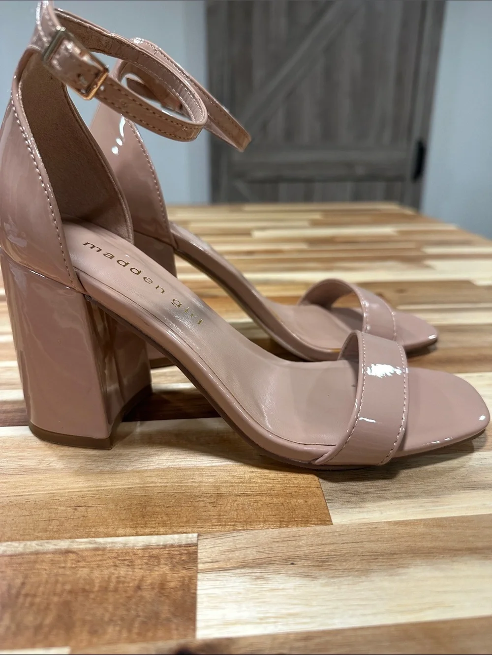 Madden Girl Blush Patent Block Heel Sandals with Ankle Strap 469